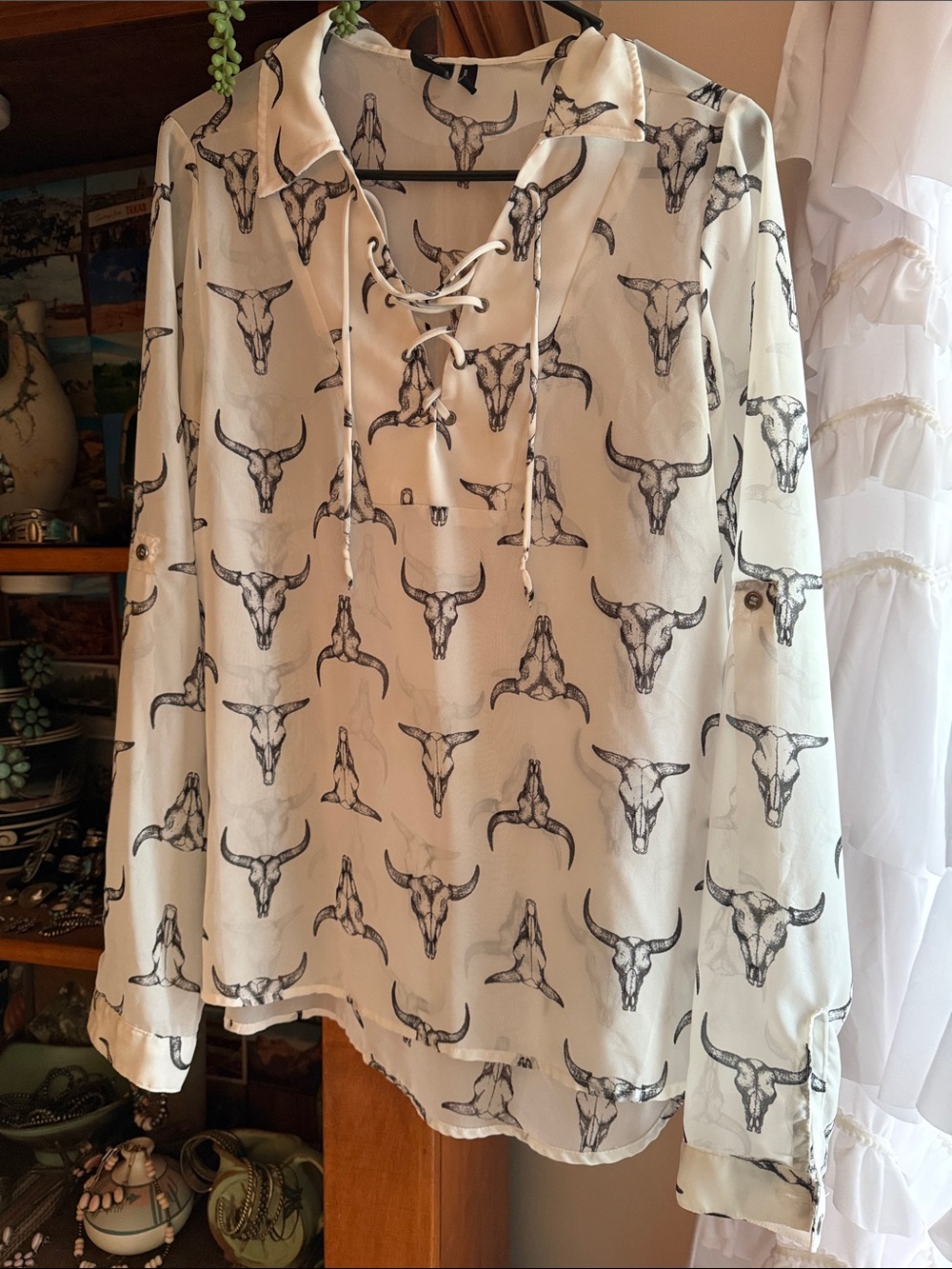 Cruel Girl Cream Lace-Up Skull Print Blouse
